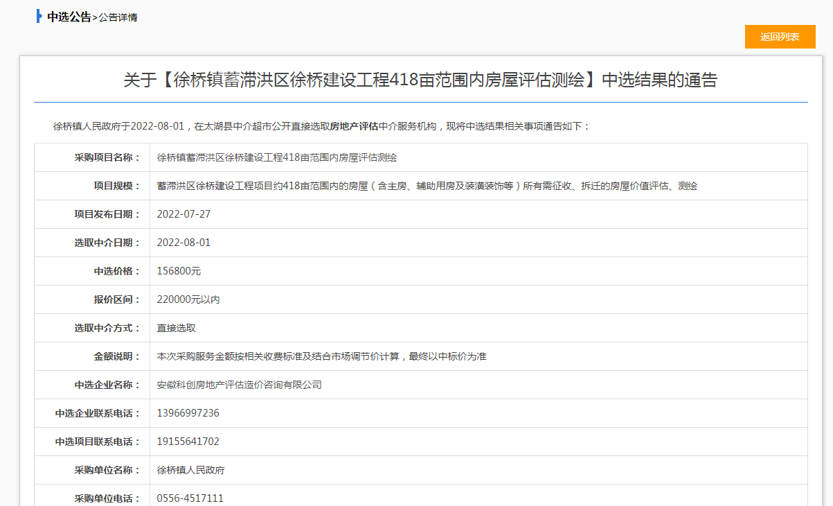 公司被选聘为太湖县徐桥镇蓄滞洪区418亩范围内房屋征收评估机构